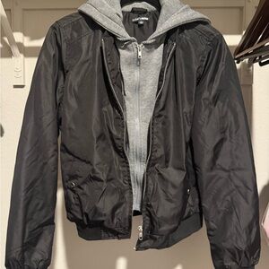 Fashion Nova Black Bomber Jacket with Gray Hoodie